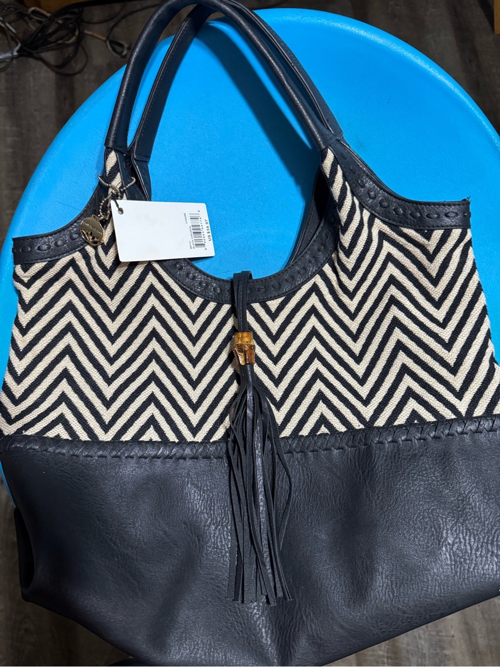 Big Buddha Black & Cream Chevron Tassel Tote